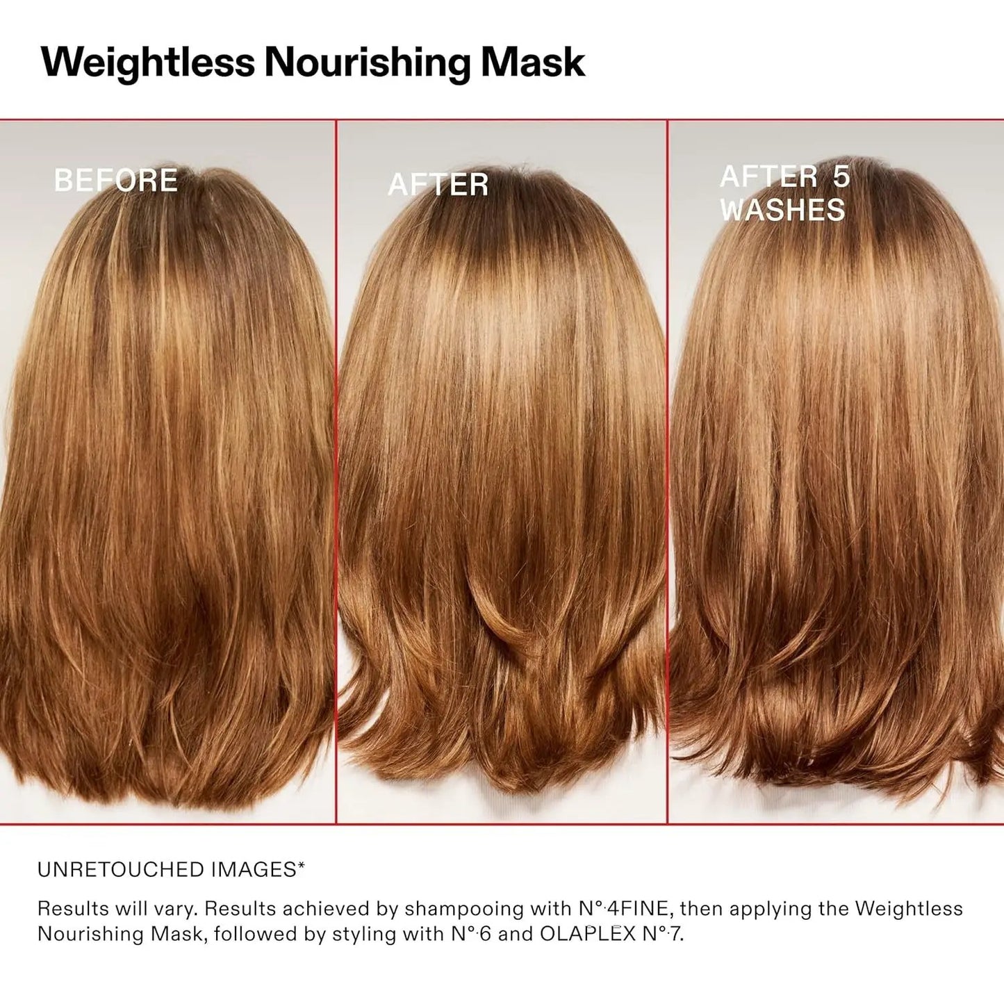 Olaplex Weightless Nourishing Mask 200 mL hair care by Nava Beauty; warm brown hair before/after on Tampa Home & Garden Store