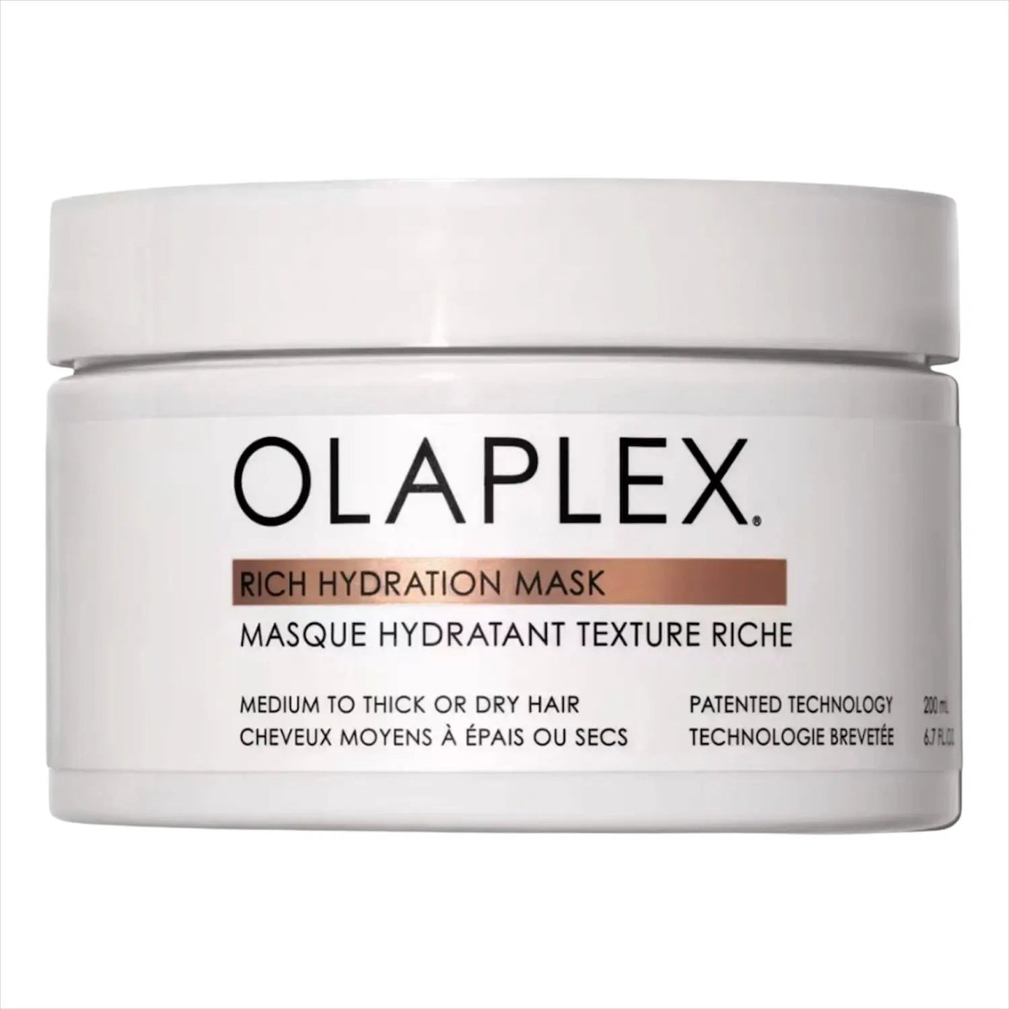Olaplex Rich Hydration Mask jar, white tub with black OLAPLEX logo and copper label for hair care on Tampa Home & Garden Store