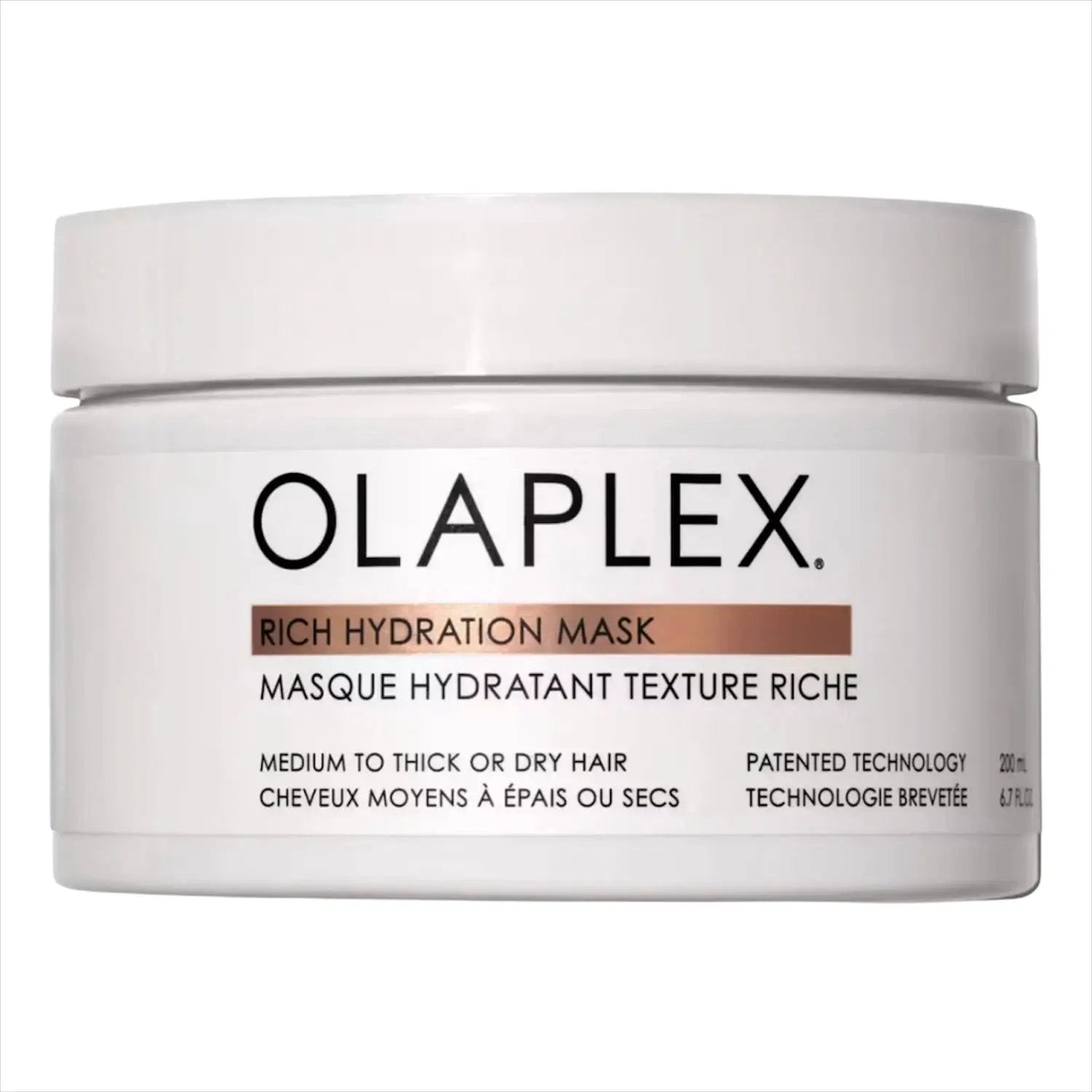 Olaplex Rich Hydration Mask jar, white tub with black OLAPLEX logo and copper label for hair care on Tampa Home & Garden Store
