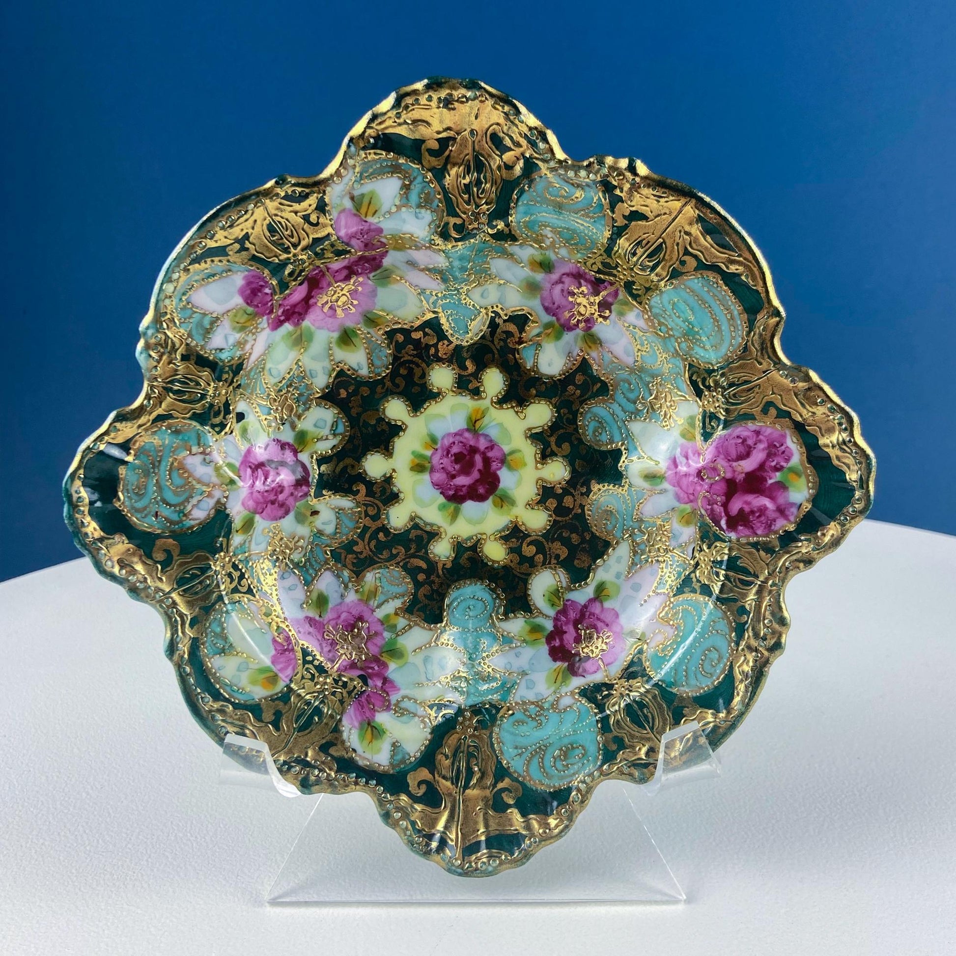 Old Hand Painted Porcelain Serving Bowl or Decorative Victorian Centerpiece with Scalloped Edges. Rich Gold Beaded Framework. Roses Motif. - Tampa Home & Garden Store