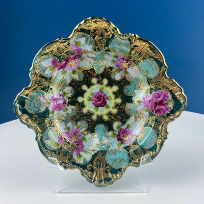 Old Hand Painted Porcelain Serving Bowl or Decorative Victorian Centerpiece with Scalloped Edges. Rich Gold Beaded Framework. Roses Motif. - Tampa Home & Garden Store