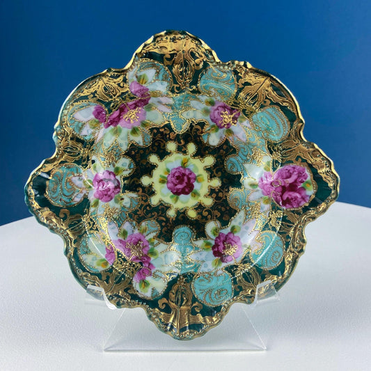 Old Hand Painted Porcelain Serving Bowl or Decorative Victorian Centerpiece with Scalloped Edges. Rich Gold Beaded Framework. Roses Motif. - Tampa Home & Garden Store