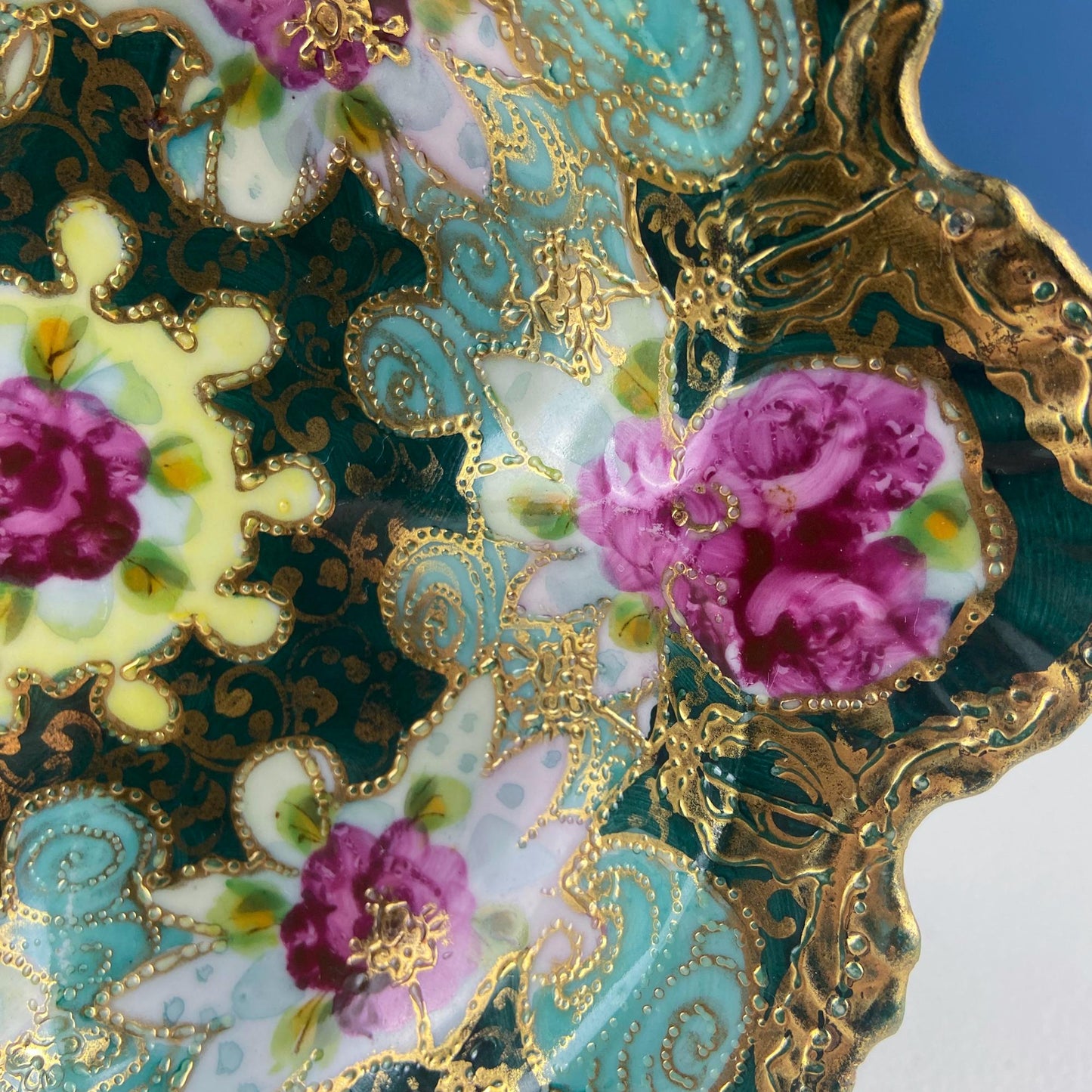 Old Hand Painted Porcelain Serving Bowl or Decorative Victorian Centerpiece with Scalloped Edges. Rich Gold Beaded Framework. Roses Motif. - Tampa Home & Garden Store