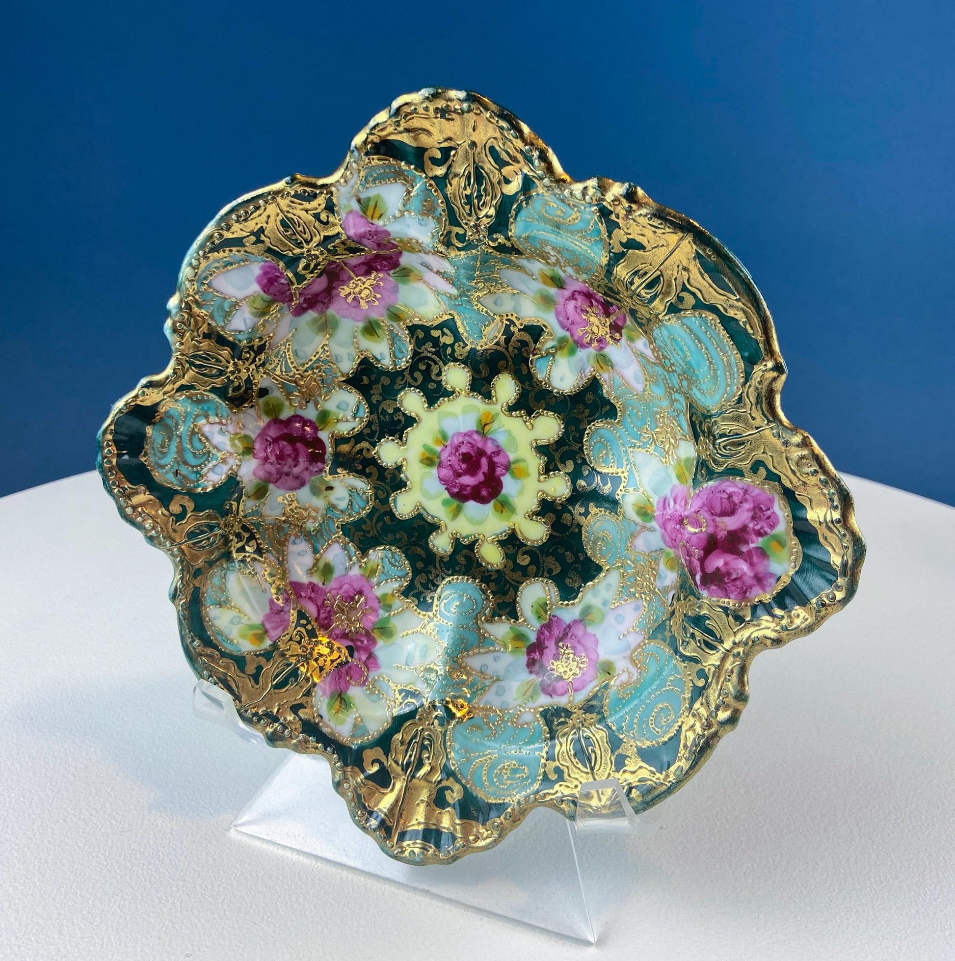 Old Hand Painted Porcelain Serving Bowl or Decorative Victorian Centerpiece with Scalloped Edges. Rich Gold Beaded Framework. Roses Motif. - Tampa Home & Garden Store