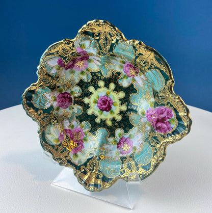 Old Hand Painted Porcelain Serving Bowl or Decorative Victorian Centerpiece with Scalloped Edges. Rich Gold Beaded Framework. Roses Motif. - Tampa Home & Garden Store