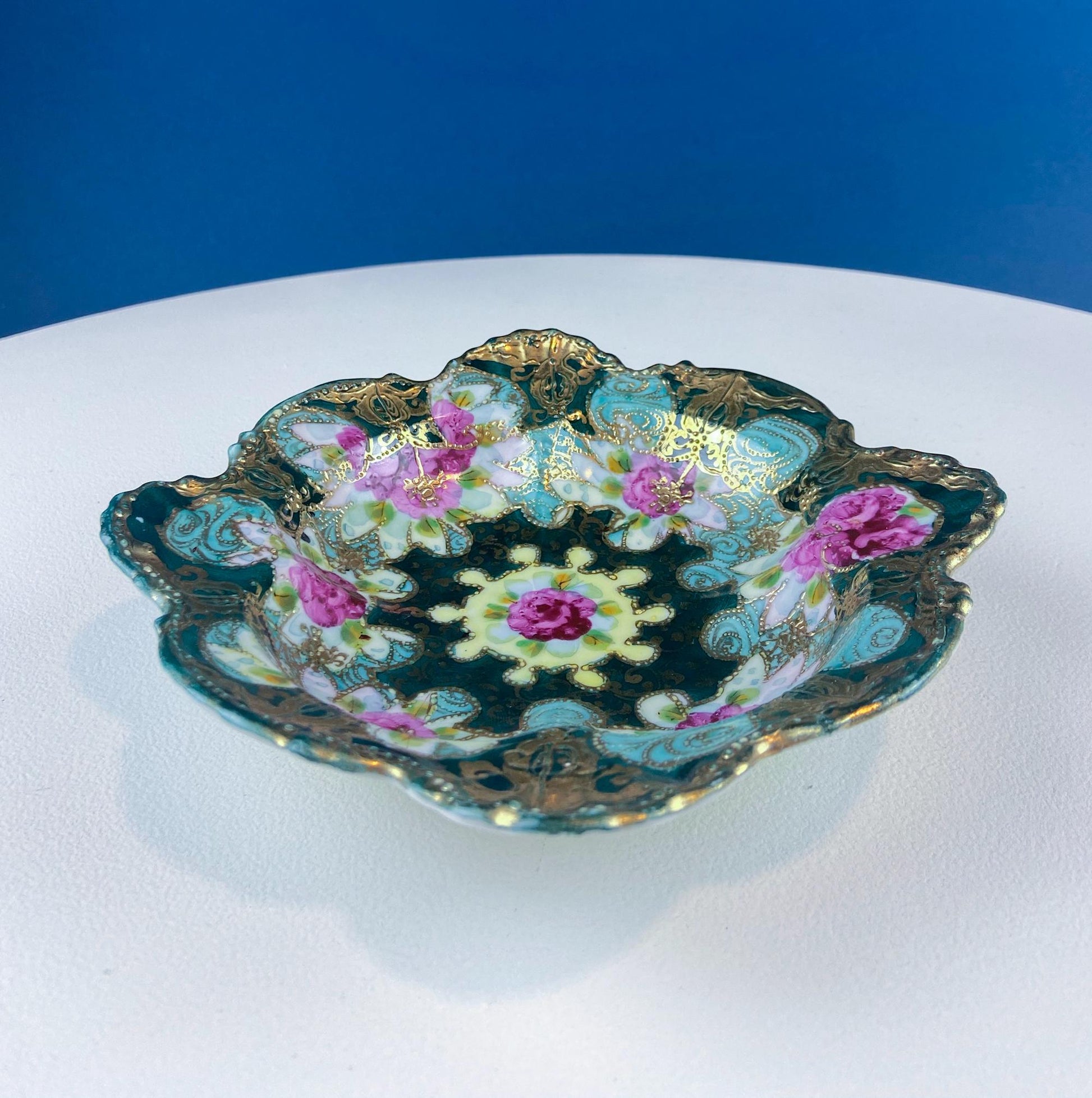Old Hand Painted Porcelain Serving Bowl or Decorative Victorian Centerpiece with Scalloped Edges. Rich Gold Beaded Framework. Roses Motif. - Tampa Home & Garden Store