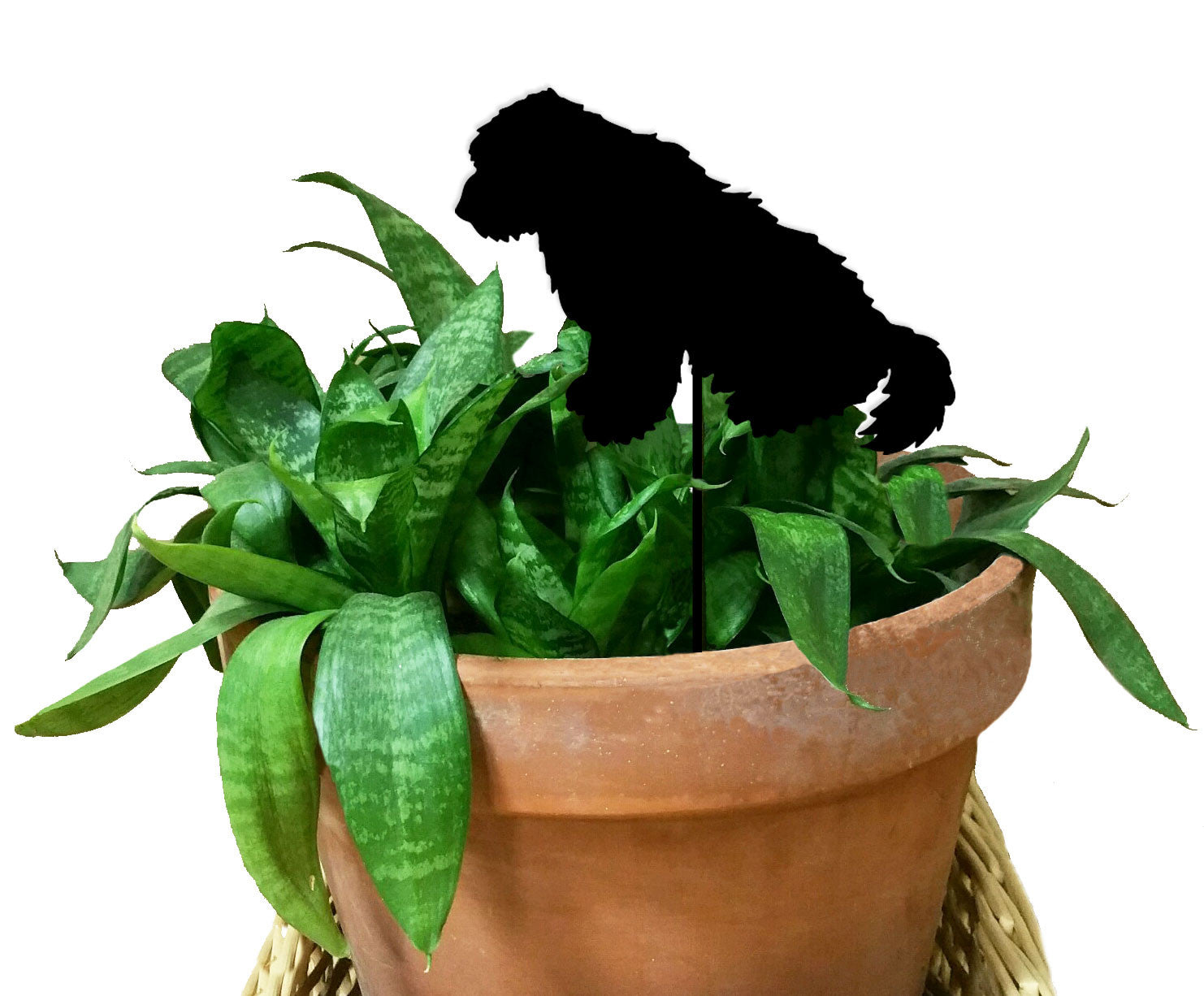 Old English Sheepdog Plant Stake Ornament, black silhouette in terracotta pot with leaves on Tampa Home & Garden Store