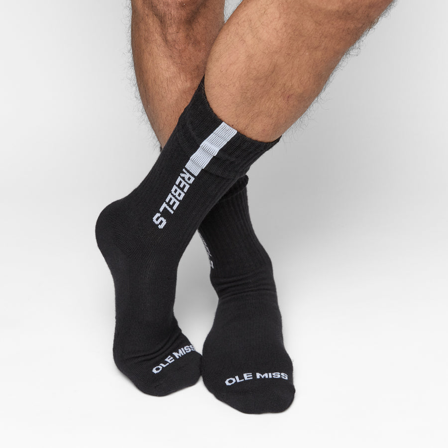 Weekly Sply Vaught DeadSoxy Ole Miss Rebels crew socks, black pair with light blue stripes on Tampa Home & Garden Store