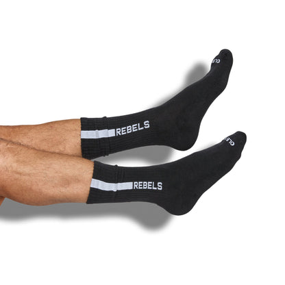 DeadSoxy Sply Hemingway college socks, black crew with white REBELS stripe, 2 pairs on Tampa Home & Garden Store
