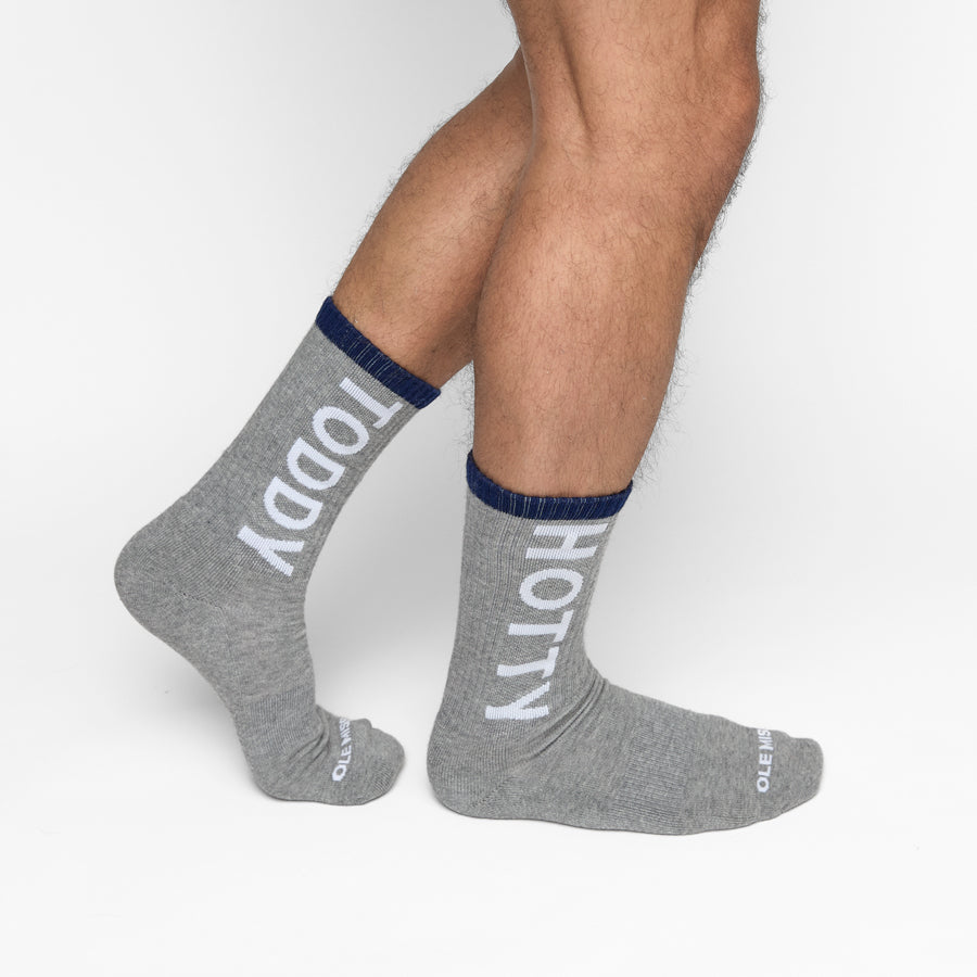 Ole Miss Square 4-Pack crew socks DeadSoxy in grey heather with white vertical text navy cuffs on Tampa Home & Garden Store