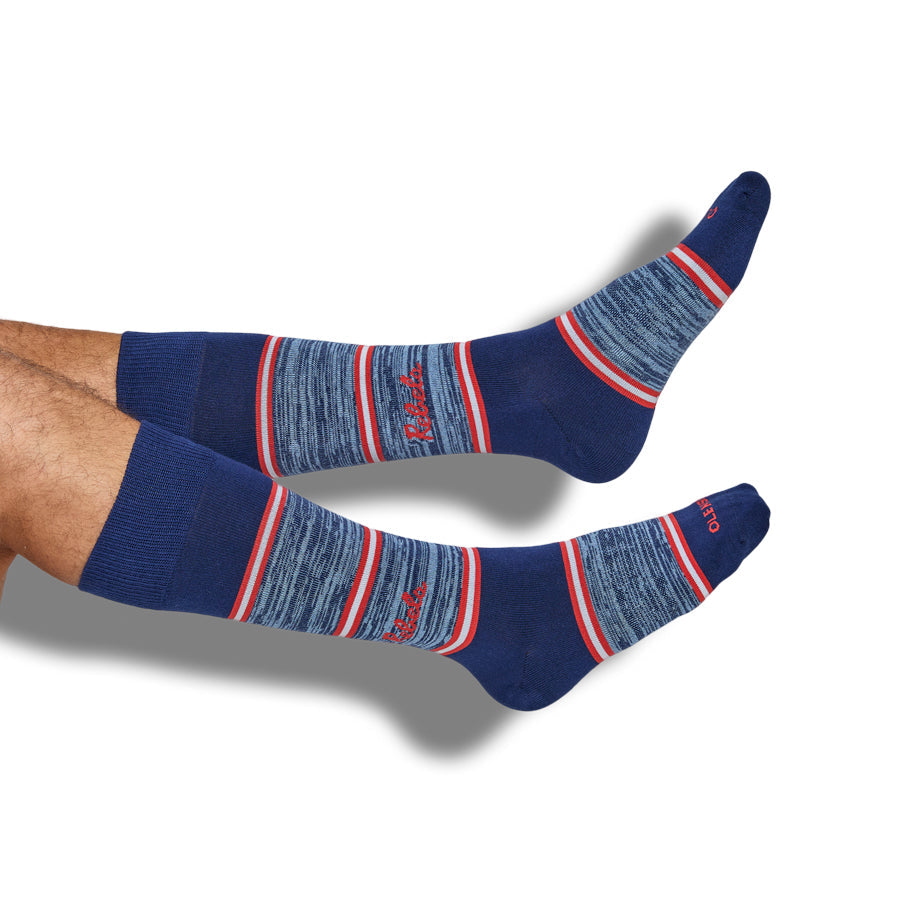 Ole Miss Lafayette 4-Pack DeadSoxy licensed college socks; blue marled with red white stripes on Tampa Home & Garden Store