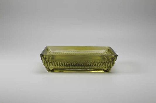 Olive green glass soap dish with a patterned ribbed rim, rectangular, White Cliff Studio on Tampa Home & Garden Store