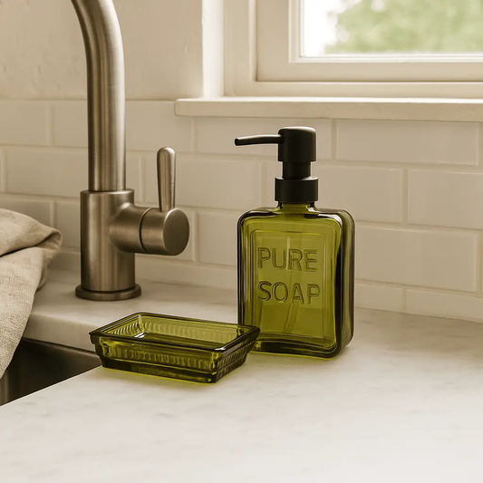 2-piece olive green glass dispenser with pump and patterned rim soap dish on Tampa Home & Garden Store