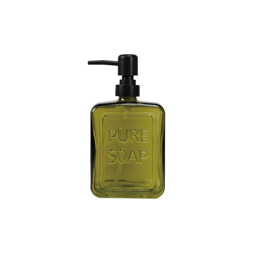 Olive Green Glass Soap Dispenser – “Pure Soap” Design - Tampa Home & Garden Store
