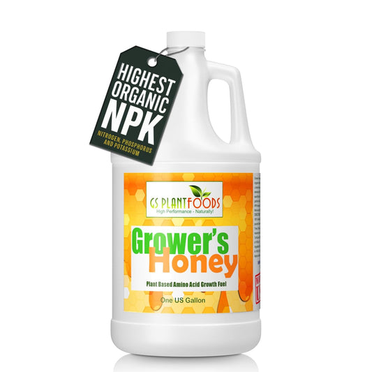 Grower's Honey amino acid fertilizer by GS Plant Foods, white gallon with honeycomb label on Tampa Home & Garden Store