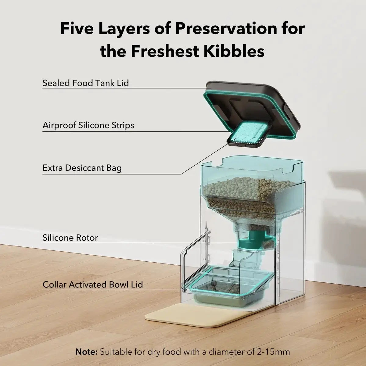 RFID auto smart pet feeder The Max & Rex Collection, app-controlled with hopper and teal lid on Tampa Home & Garden Store