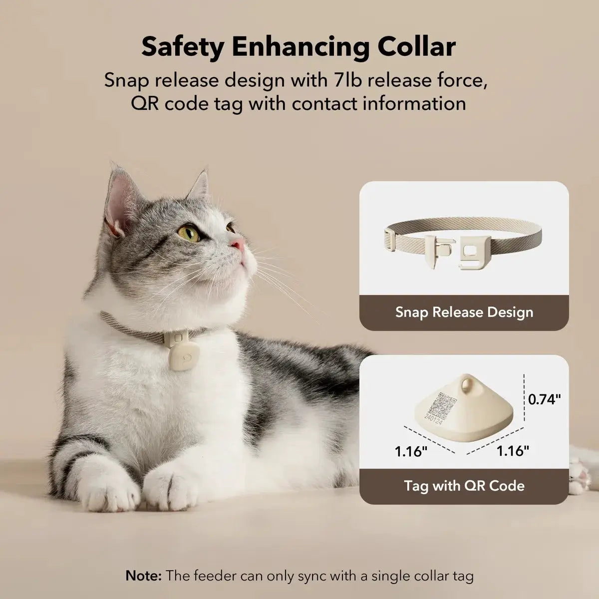 RFID pet collar by Max & Rex Collection with snap release design and QR code tag on beige cat on Tampa Home & Garden Store
