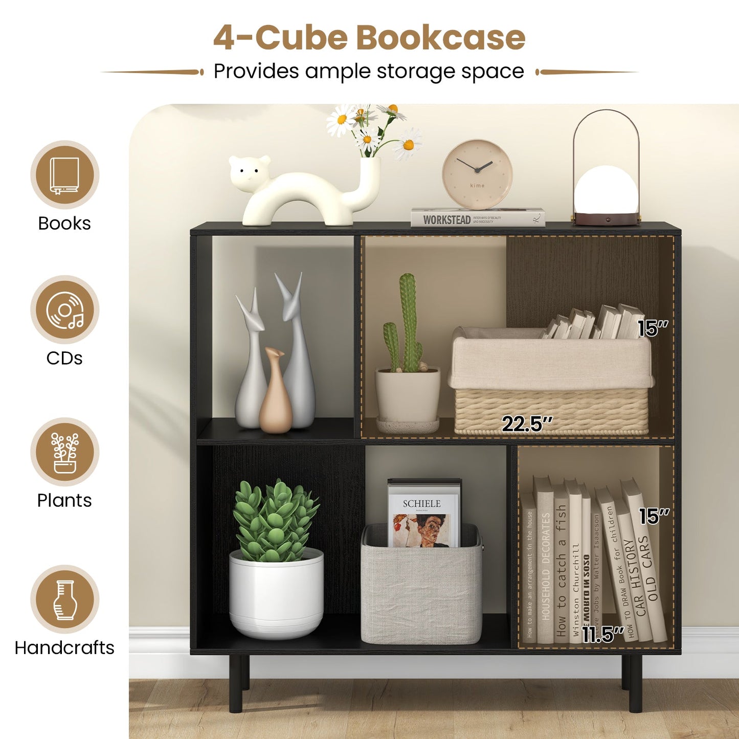 Open Shelf Bookcase with 4 Compartments-Black