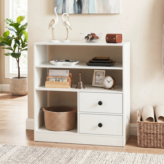DirectDeals white console table with 3 open shelves and 2 fabric drawers on Tampa Home & Garden Store