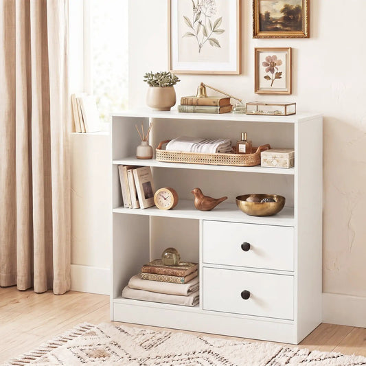 Console table in white with 3 open shelves and 2 fabric drawers by DirectDeals on Tampa Home & Garden Store