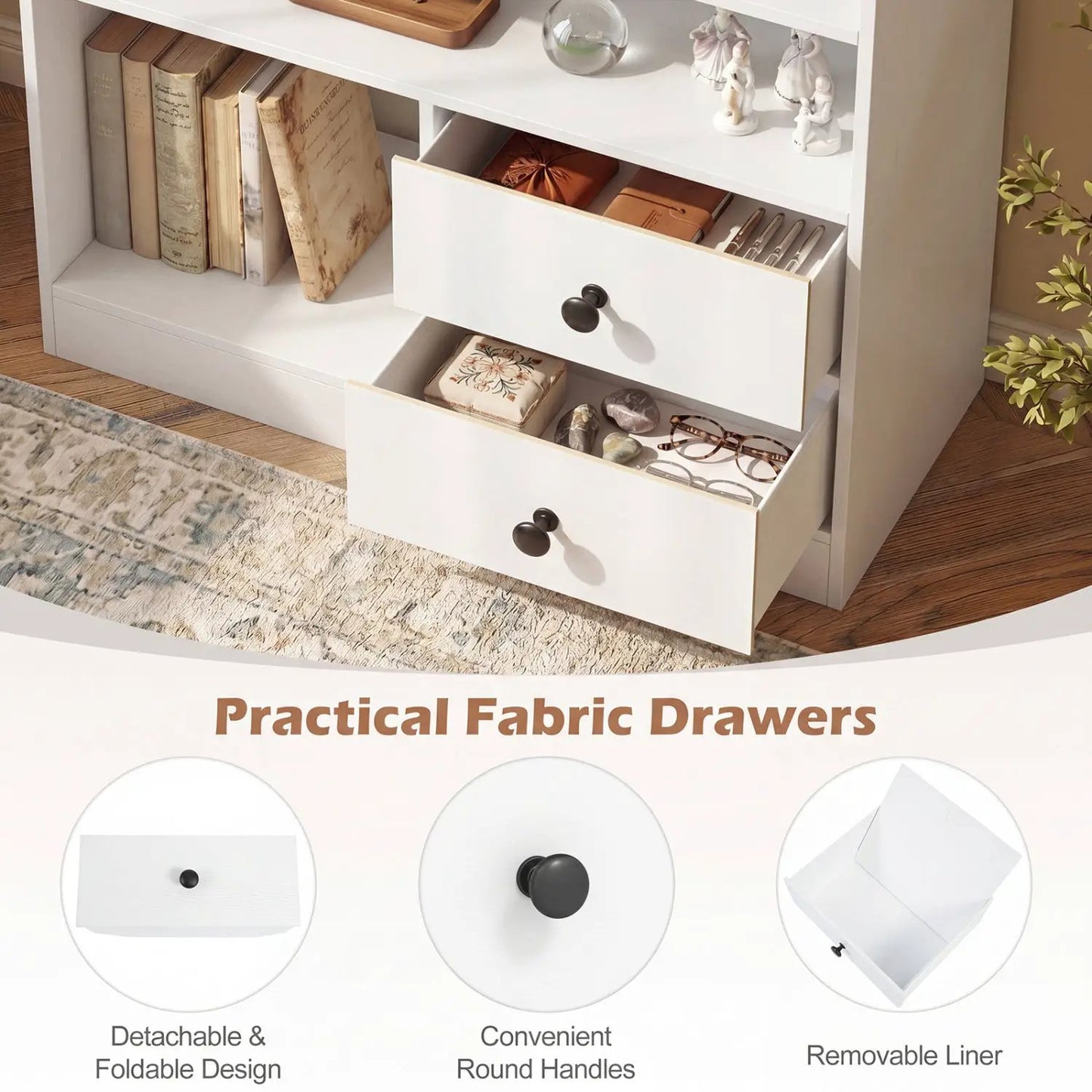 Console Table With 3 Shelves and Fabric Drawers