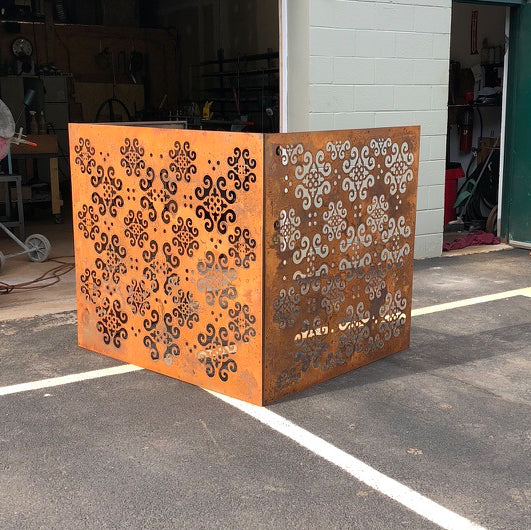Outdoor Metal Privacy Screen two-panel set by Rustica Ornamentals in rust orange and gray steel on Tampa Home & Garden Store