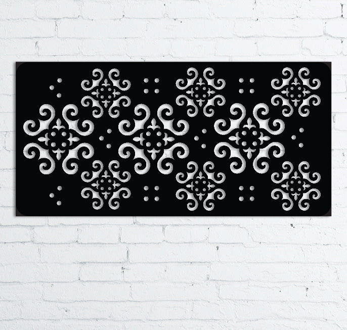 46-inch black metal outdoor privacy panel with silver scrollwork by Rustica Ornamentals on Tampa Home & Garden Store