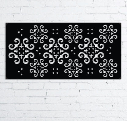 46-inch black metal outdoor privacy panel with silver scrollwork by Rustica Ornamentals on Tampa Home & Garden Store
