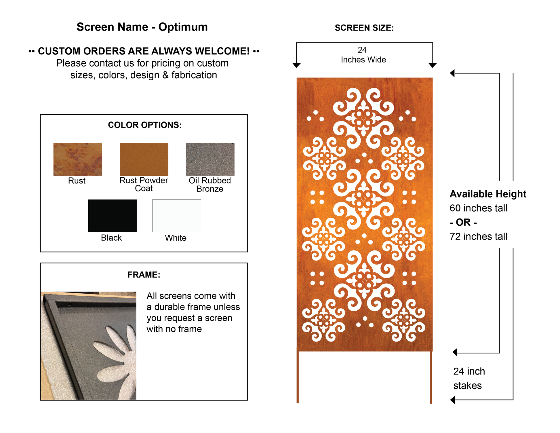 Outdoor metal privacy screen panel Optimum rust color with white ornate lattice color options on Tampa Home & Garden Store