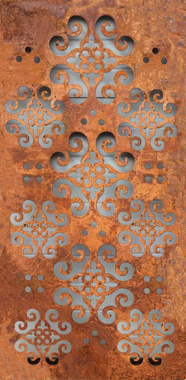 Outdoor privacy panel metal wall sculpture, 46-inch rusted steel with gray floral-cutouts on Tampa Home & Garden Store
