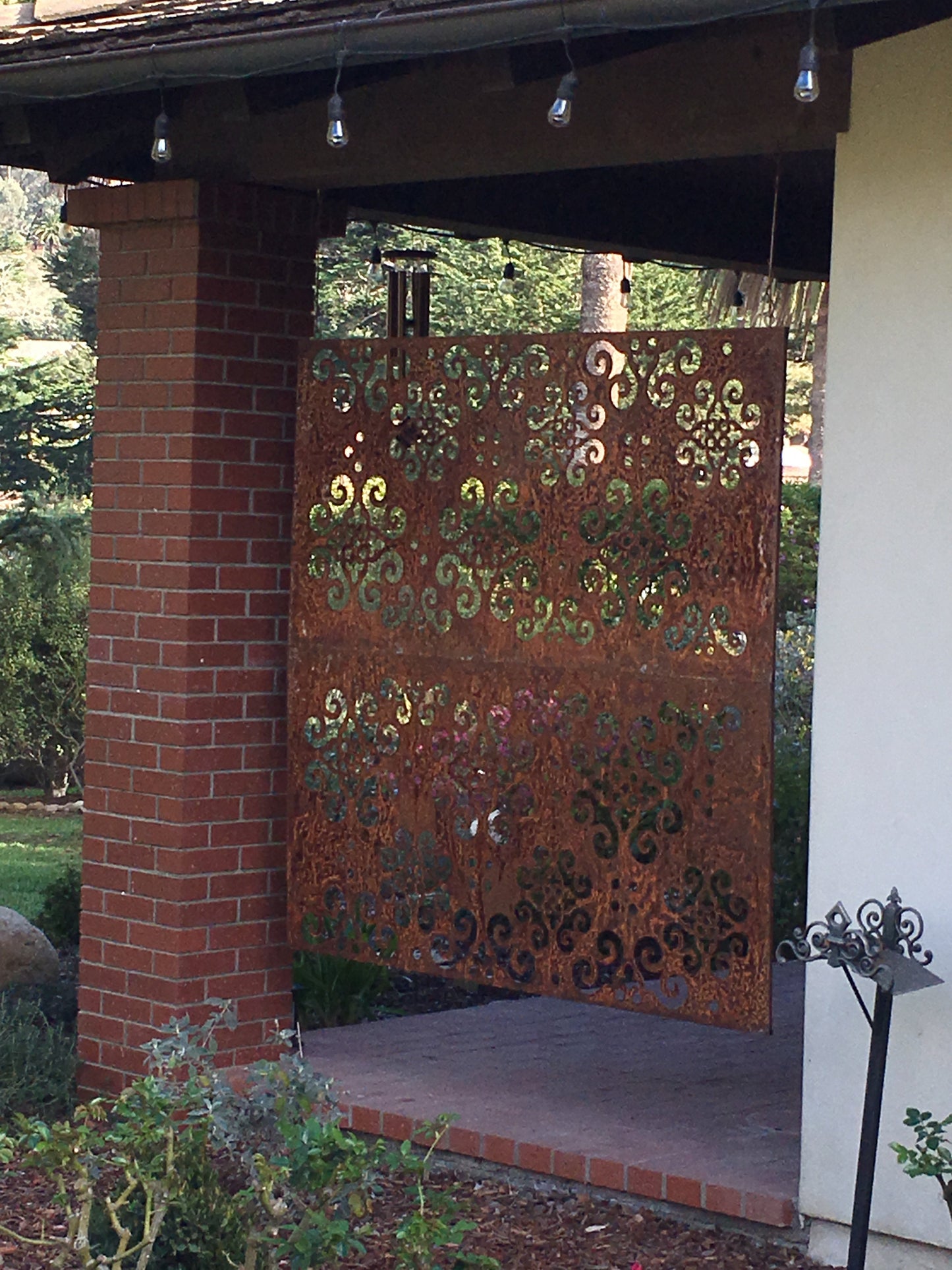 Rusty metal outdoor privacy panel with ornate scrollwork, 46-inch, Rustica Ornamentals on Tampa Home & Garden Store