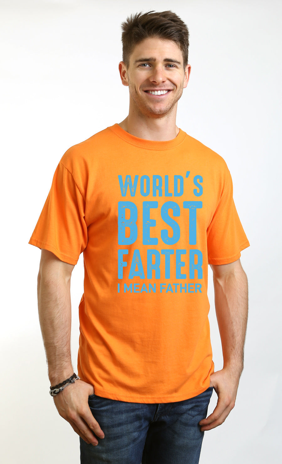 World's Best Farter men's bamboo viscose/organic cotton graphic tee orange with blue print on Tampa Home & Garden Store