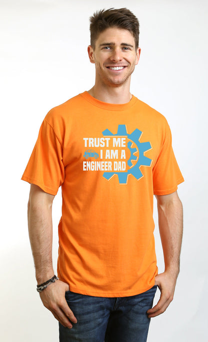 Trust Me I'm a Engineer Dad orange graphic tee by Spun Bamboo with blue gear print on Tampa Home & Garden Store