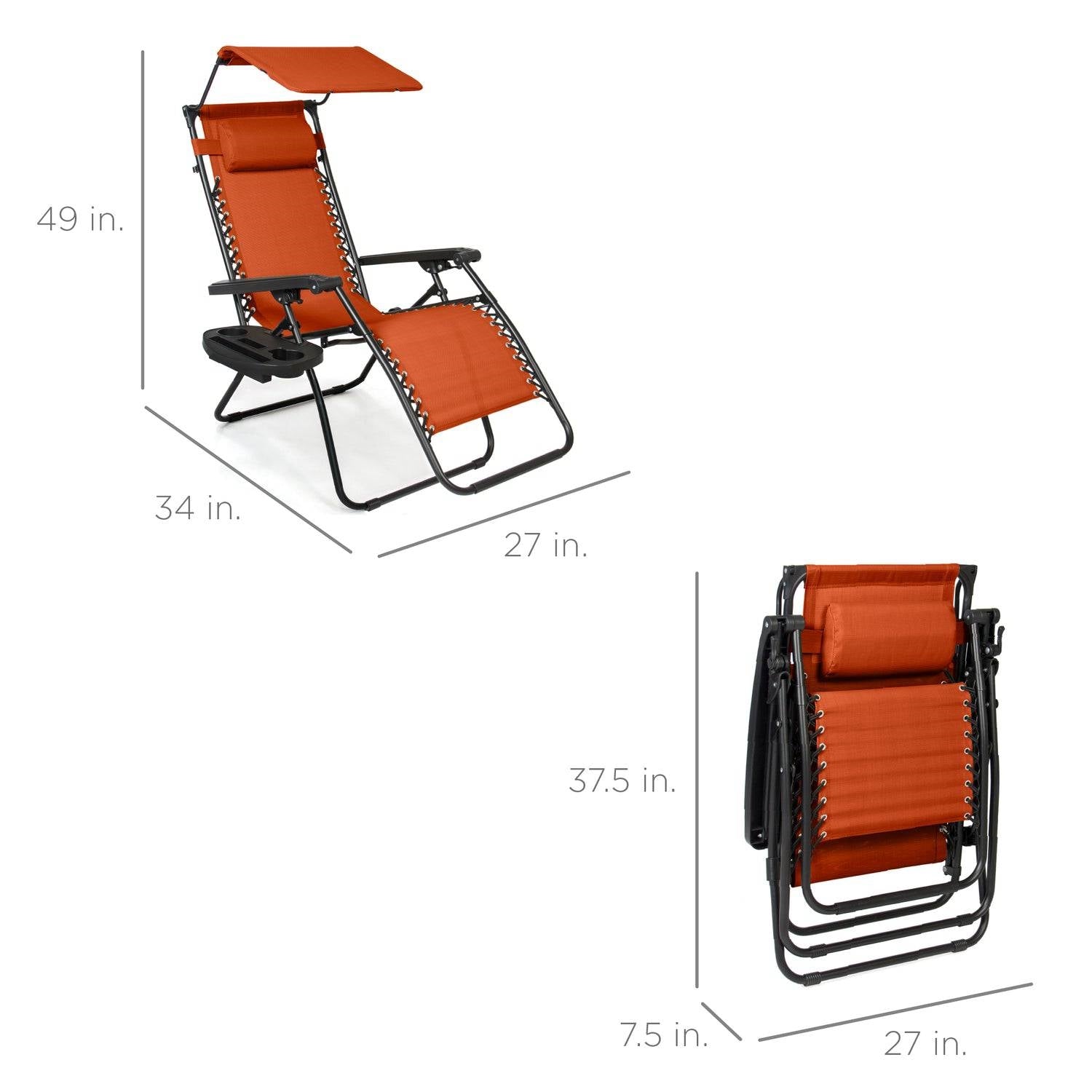 Orange Zero Gravity Folding Reclining Patio Lounge Chair with Canopy Sun Shade - Tampa Home & Garden Store