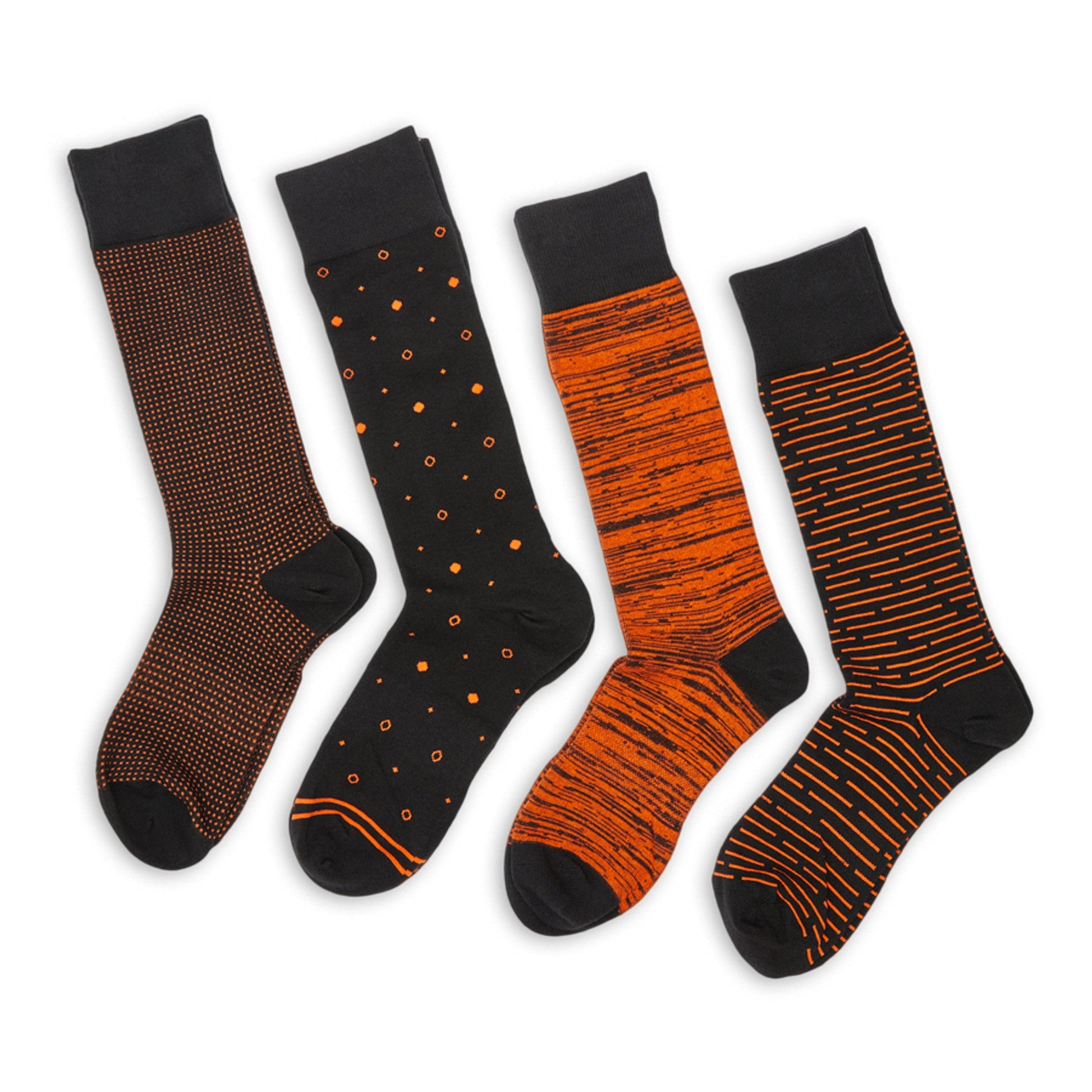 Orange/Black Dress Socks 4-Pack by DeadSoxy with dotted, speckled and striped patterns on Tampa Home & Garden Store