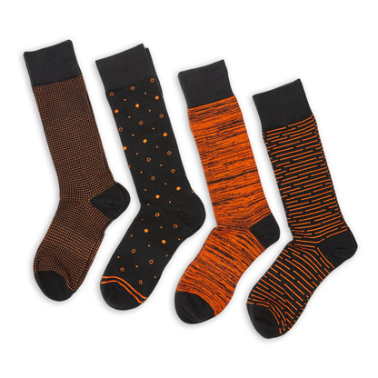 Orange/Black Dress Socks 4-Pack by DeadSoxy with dotted, speckled and striped patterns on Tampa Home & Garden Store