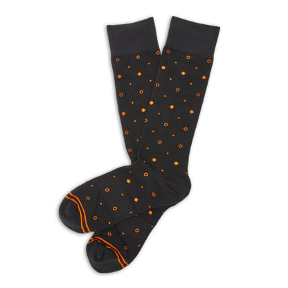 DeadSoxy orange and black dress socks with orange dot pattern, two socks shown on Tampa Home & Garden Store