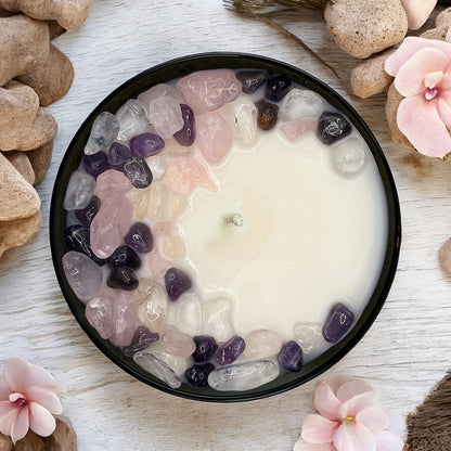 Orchid Seascape Crystal Candle with Amethyst, Rose, and Crystal Quartz | Coconut-Soy Wax Candle, 9oz - Tampa Home & Garden Store