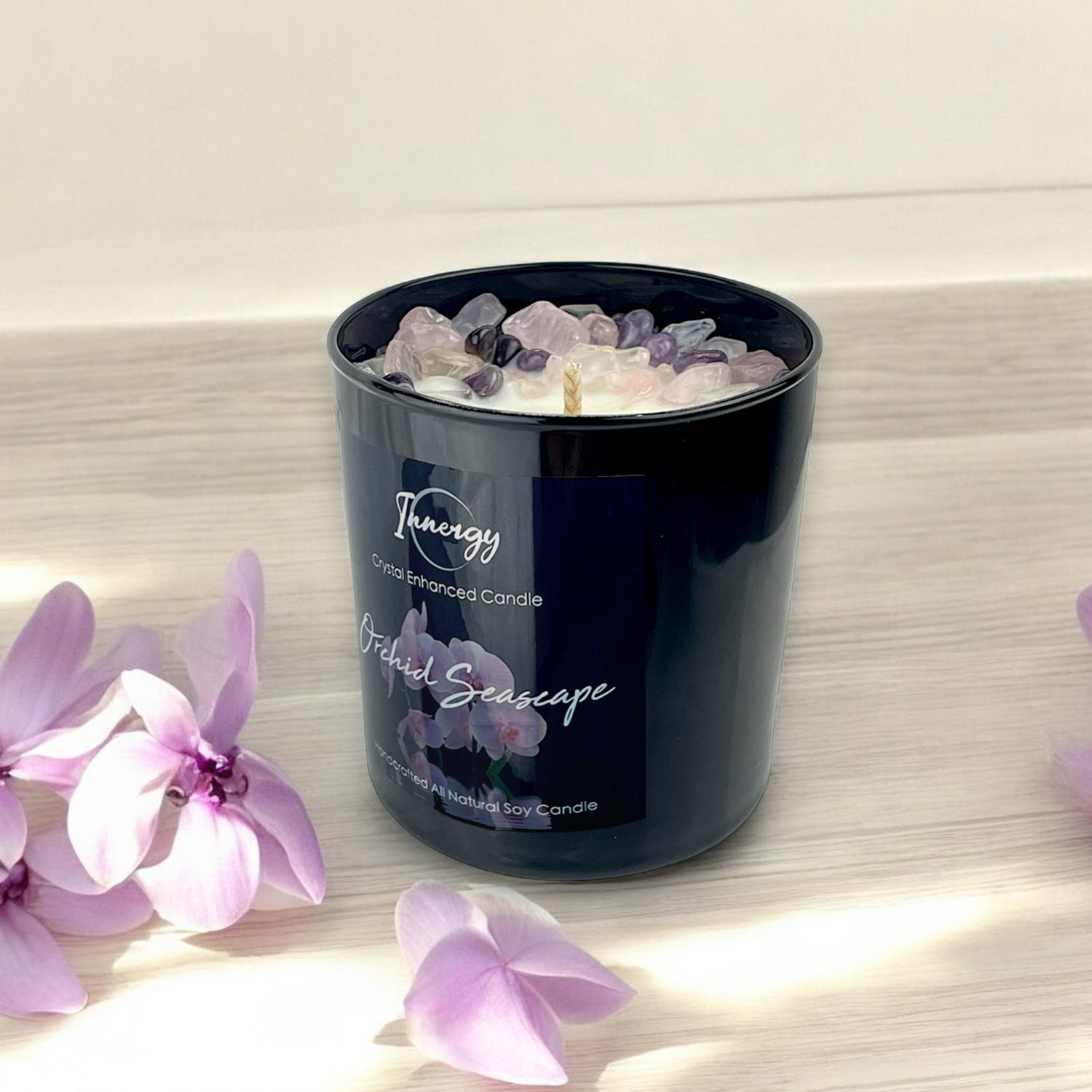 Orchid Seascape Crystal Candle with Amethyst, Rose, and Crystal Quartz | Coconut-Soy Wax Candle, 9oz - Tampa Home & Garden Store