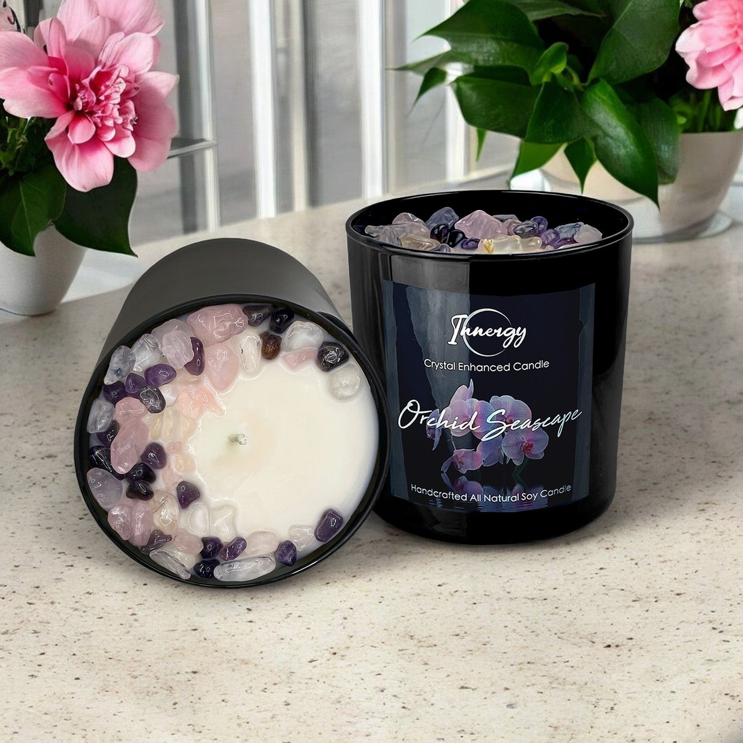 Orchid Seascape Crystal Candle with Amethyst, Rose, and Crystal Quartz | Coconut-Soy Wax Candle, 9oz - Tampa Home & Garden Store