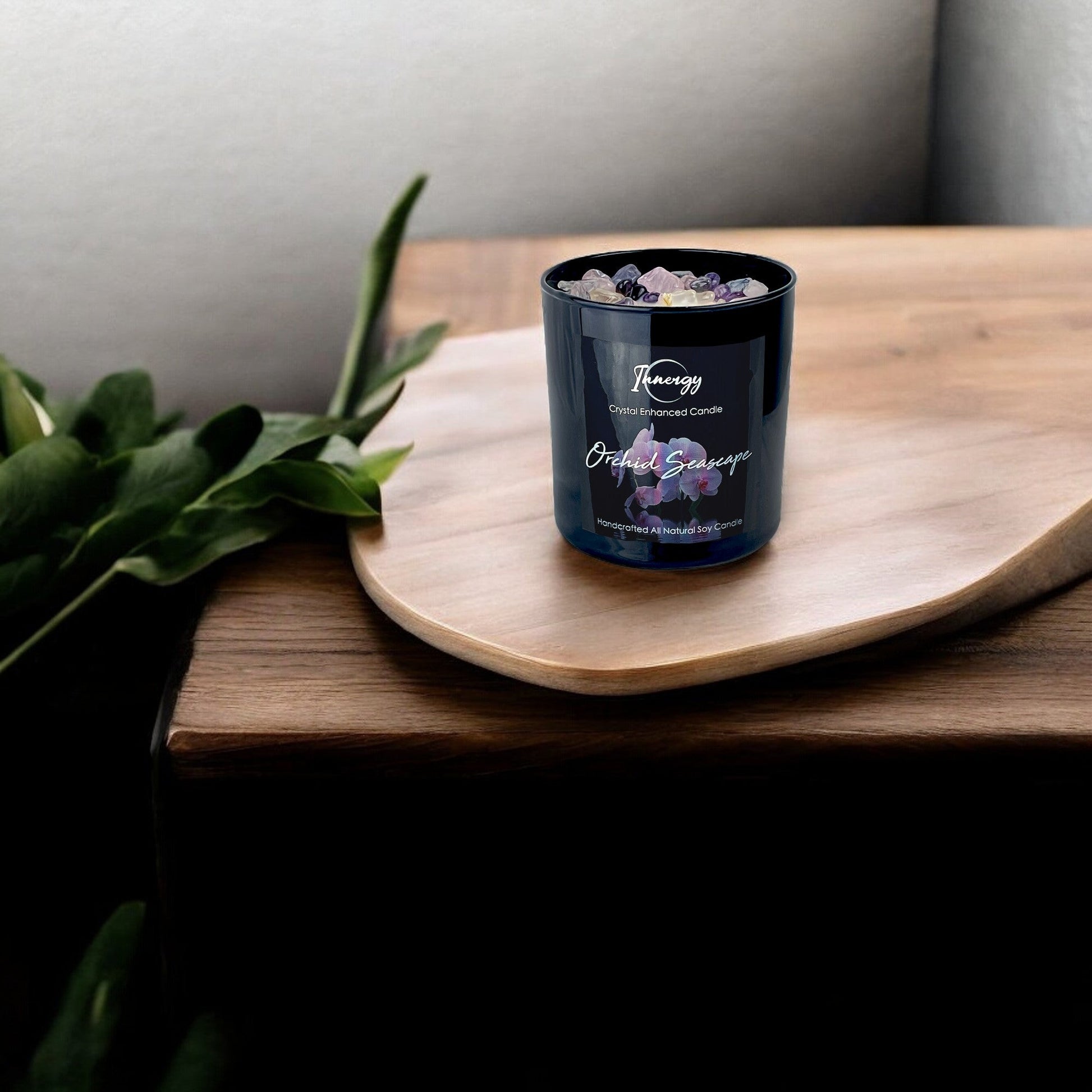 Orchid Seascape Crystal Candle with Amethyst, Rose, and Crystal Quartz | Coconut-Soy Wax Candle, 9oz - Tampa Home & Garden Store