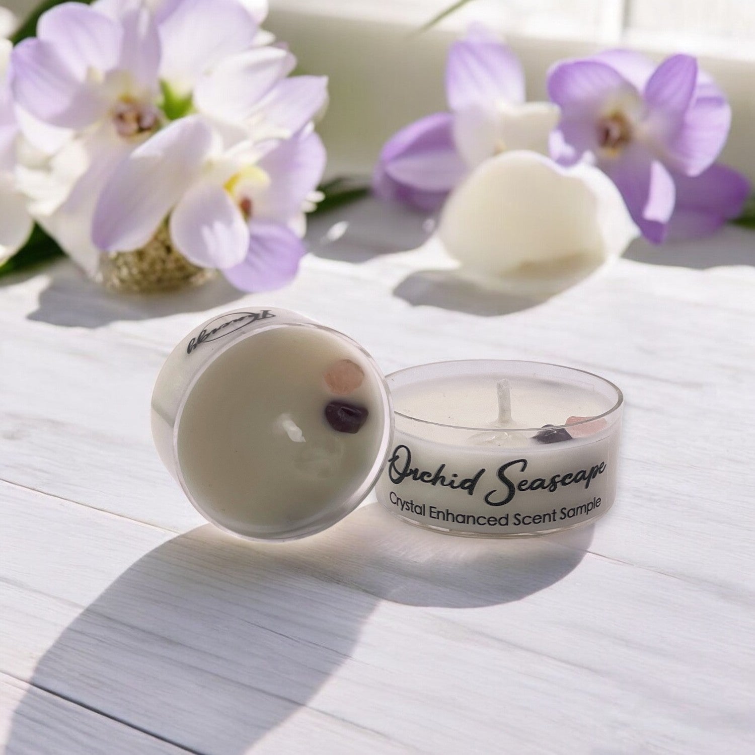 Orchid Seascape, Premium Coconut-Soy Wax Tea Light Crystal Candle, 1oz - Tampa Home & Garden Store