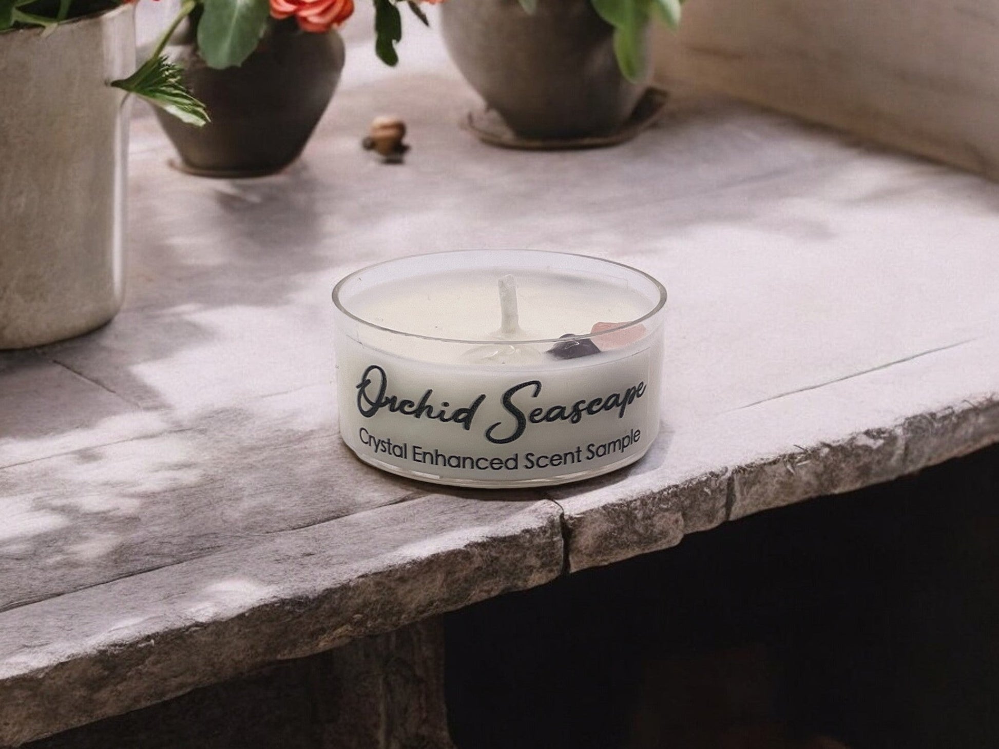 Orchid Seascape, Premium Coconut-Soy Wax Tea Light Crystal Candle, 1oz - Tampa Home & Garden Store