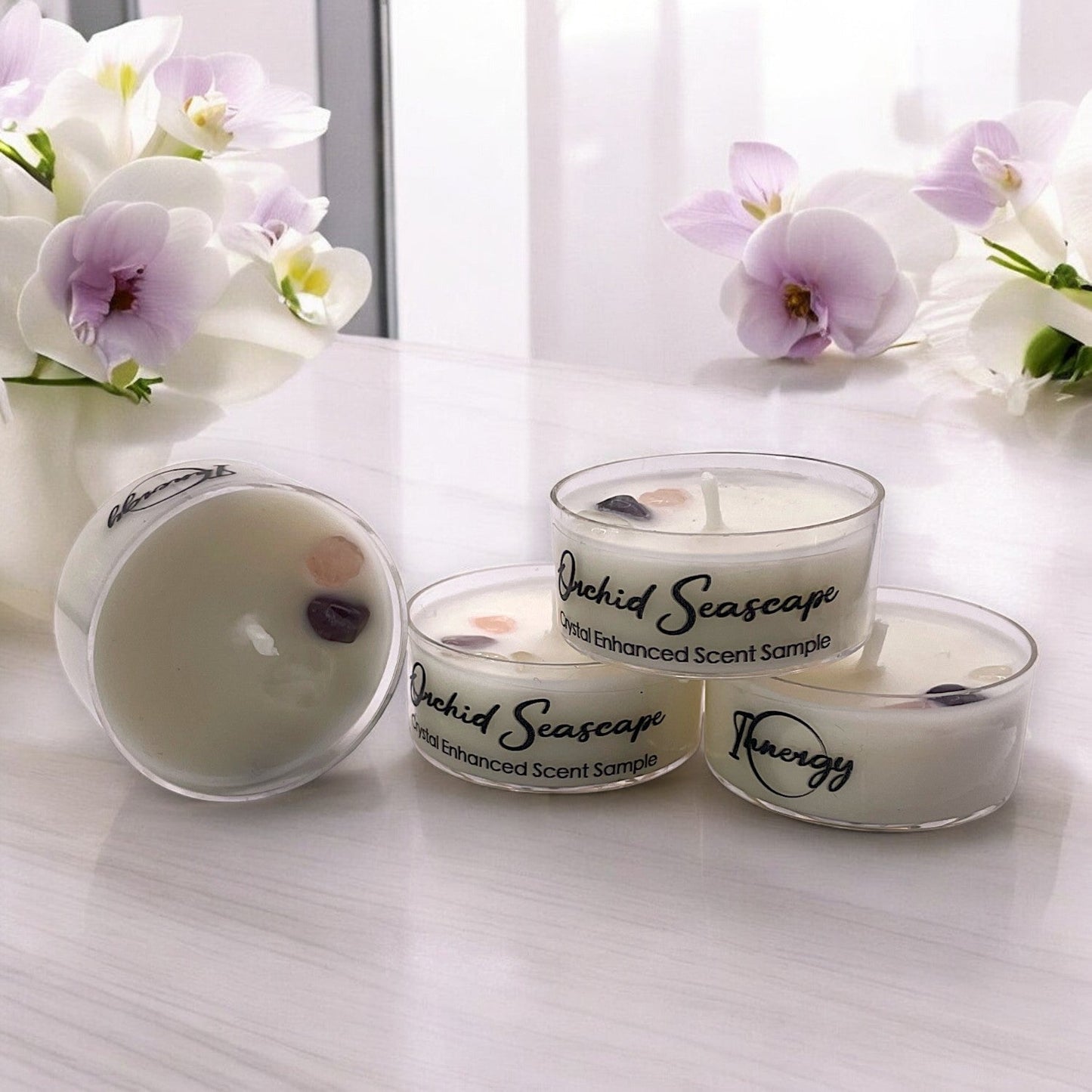 Orchid Seascape, Premium Coconut-Soy Wax Tea Light Crystal Candle, 1oz - Tampa Home & Garden Store