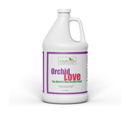 Orchid Love orchid fertilizer bottle by GS Plant Foods, 1 gal with purple label on Tampa Home & Garden Store