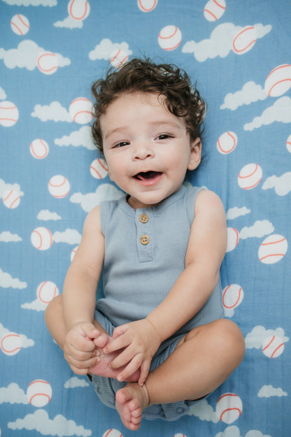 Organic Bamboo Cotton Muslin Crib Sheet in Baseballs in the Sky - Tampa Home & Garden Store