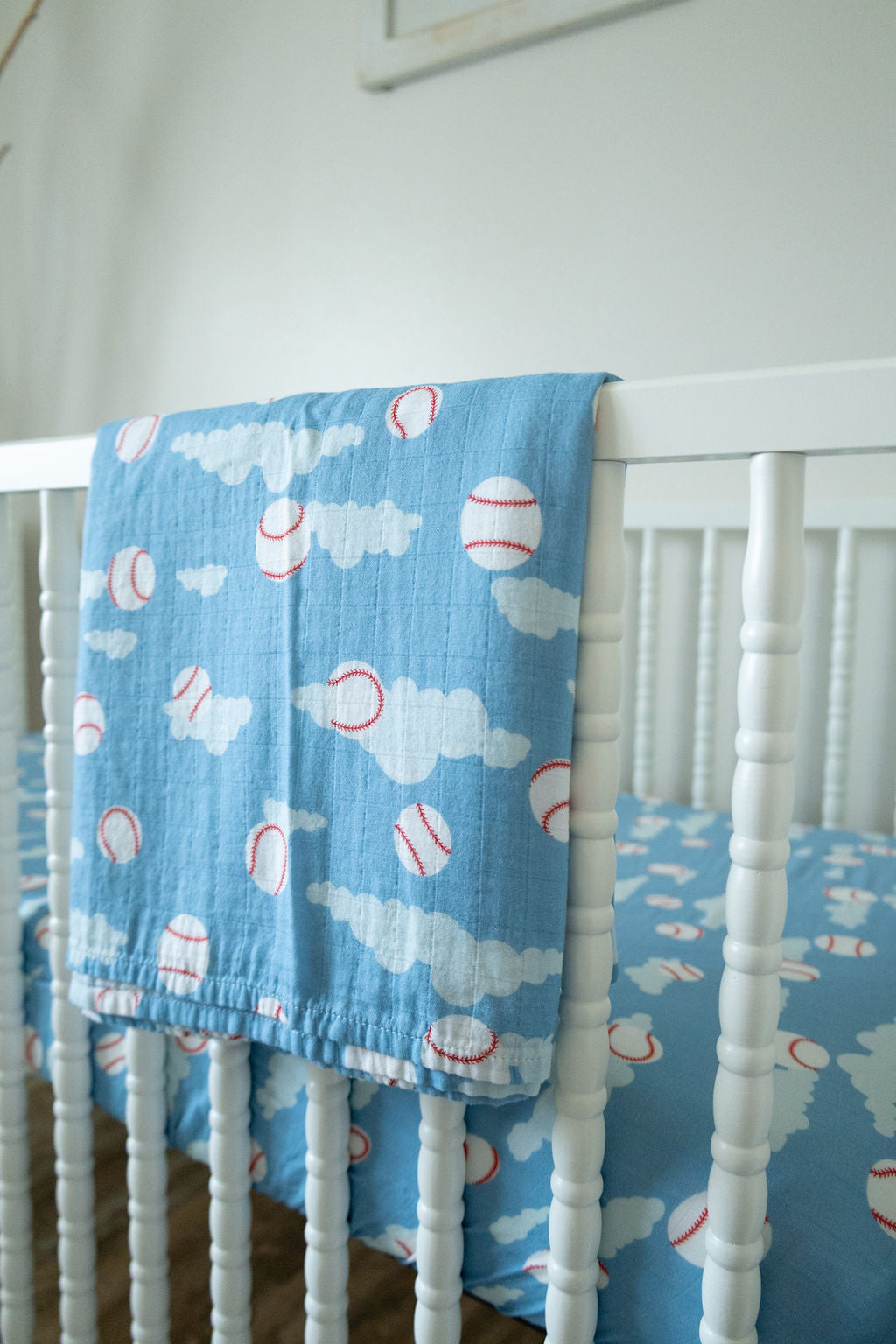 Organic Bamboo Cotton Muslin Crib Sheet in Baseballs in the Sky - Tampa Home & Garden Store