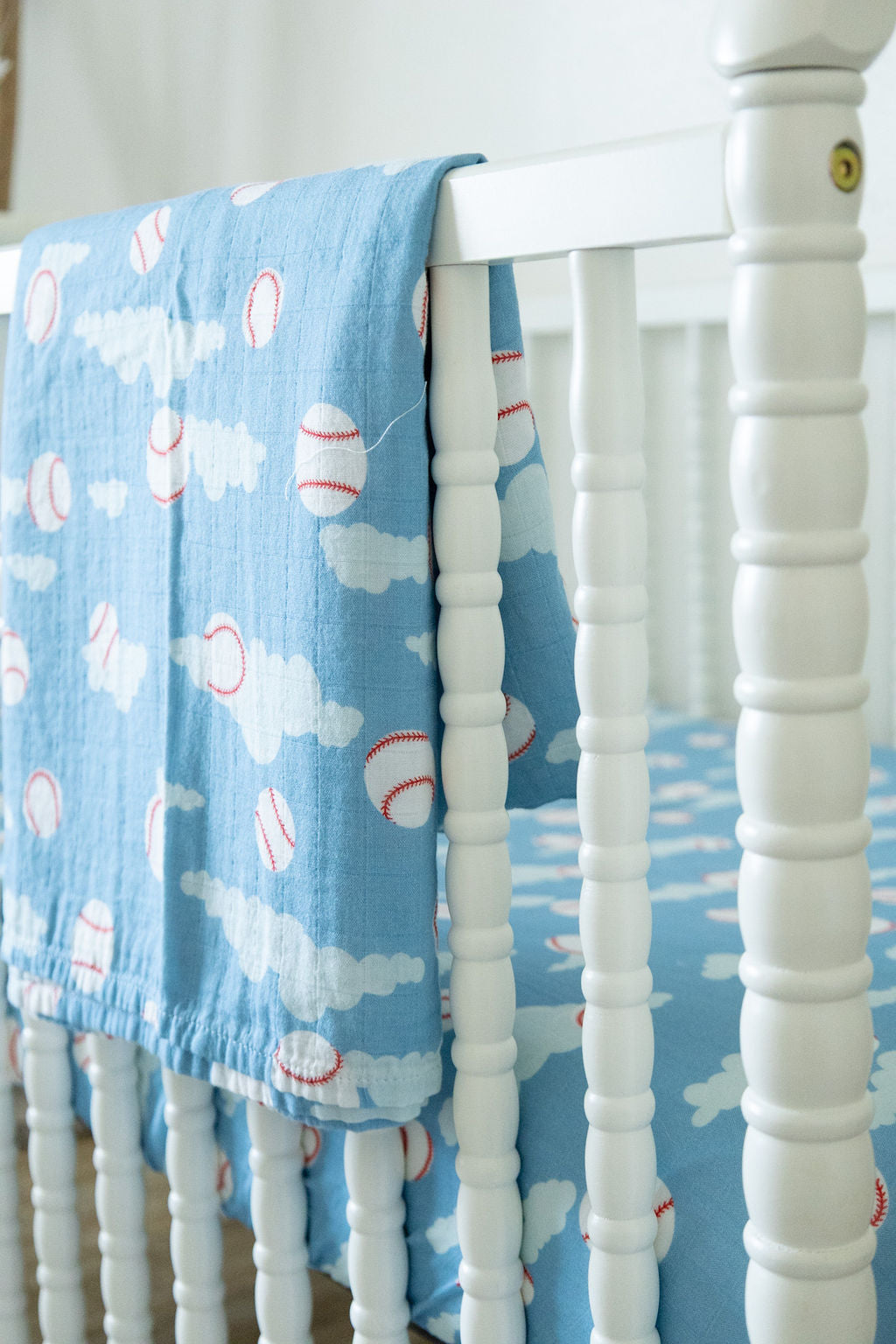 Organic Bamboo Cotton Muslin Crib Sheet in Baseballs in the Sky - Tampa Home & Garden Store