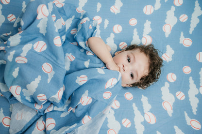 Organic Bamboo Cotton Muslin Crib Sheet in Baseballs in the Sky - Tampa Home & Garden Store
