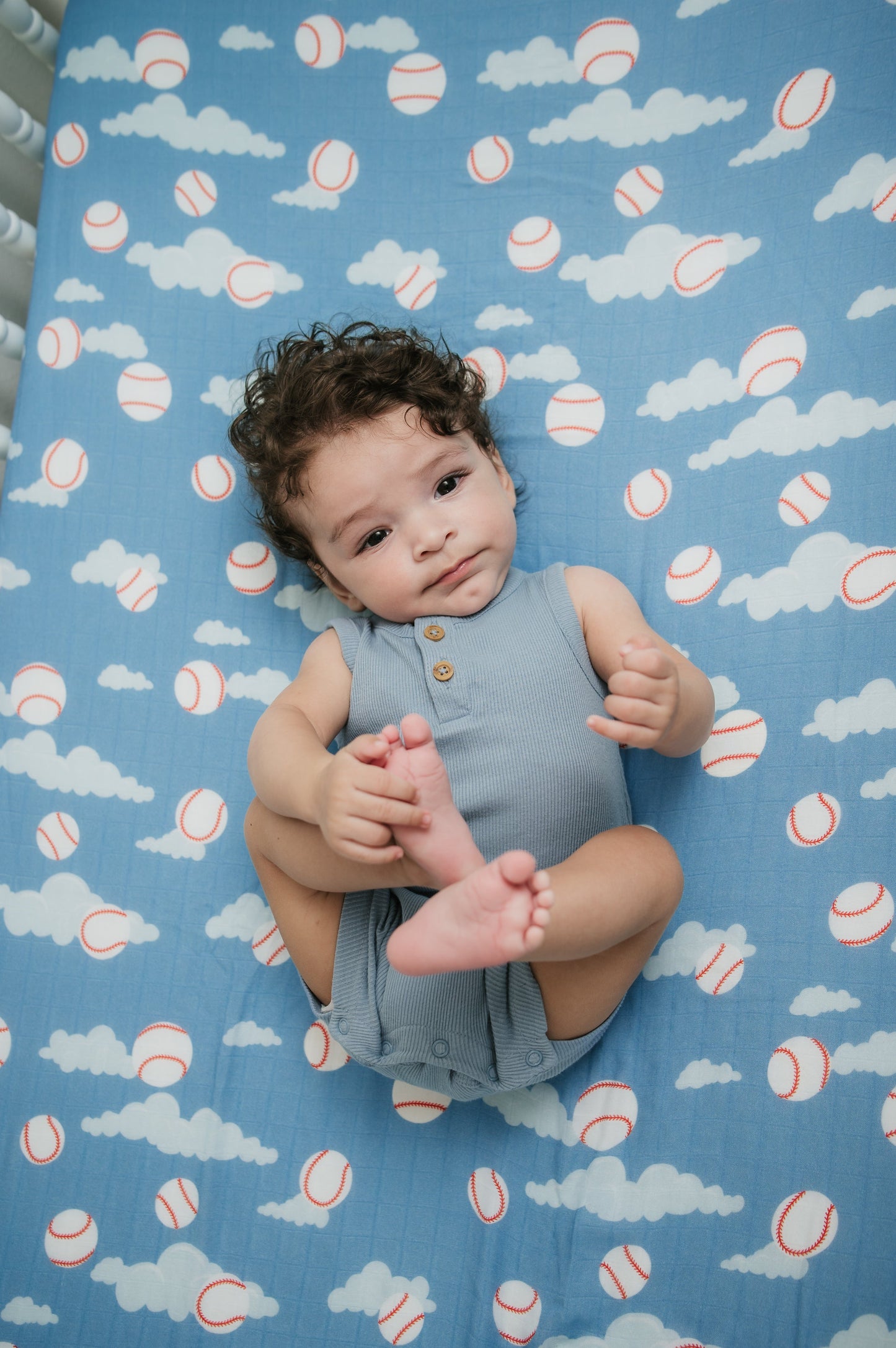 Organic Bamboo Cotton Muslin Crib Sheet in Baseballs in the Sky - Tampa Home & Garden Store